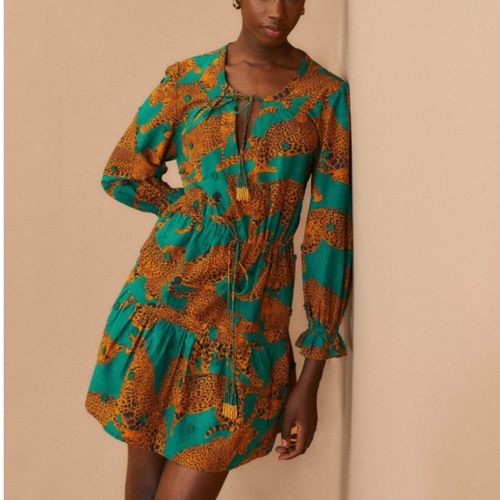 NWT Farm Rio Artsy Leopards Green Long Sleeve Mini Dress L